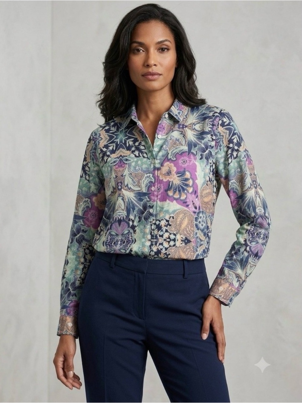 Chico's Paisley Floral Button-Front Blouse in Lavender, Navy & Mint Size 3 / 2X